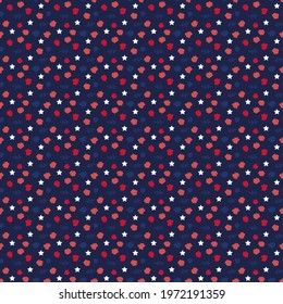 Navy, blue and red vector seamless pattern with white stars, tiny flowers and pom pom clipart for patriotic celebrations in America. 