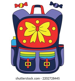 Navy blue red yellow school bag backpacks with toffee ornaments coloring vector illustration