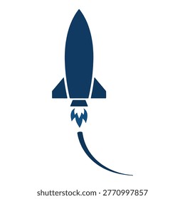 navy blue rocket silhouette icon launching upward with flame thrust and curved trail representing space exploration science technology mission startup innovation power symbol