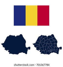 Navy Blue Romania Map and Flag isolated on white background. Vector illustration eps 10.