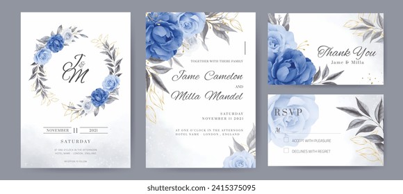 Ropa azul marino y tarjetas de invitación a la boda peony con flores doradas. Tarjeta de juego de plantillas.