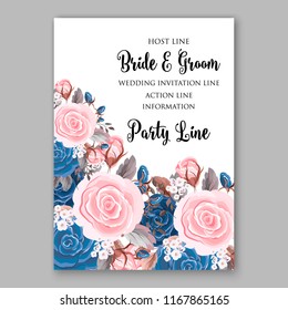 Navy Blue Rose Wedding Invitation, invite card Design  watercolor pink, peach rose ranunculus flower privet blue berry,eucalyptus, autumn fall leaf bouquet, frame border Vector floral garden template