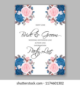 Navy blue Rose wedding invitation card template peony ranunculus vector background for baby shower bridal shower invitation Winter floral pattern