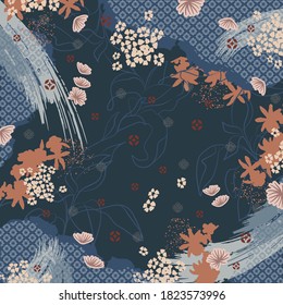 Navy blue scarf pattern with flower ornament. Hijab design
