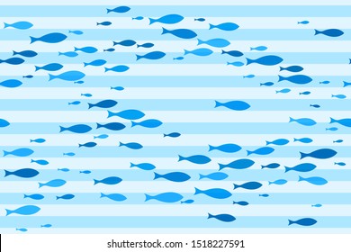 Navy blue school of fish swimming seamless pattern vector print. Ocean or sea waves, curve stripes background. Shoal of fishes underwater in the sea. Marine summer seamless pattern design.