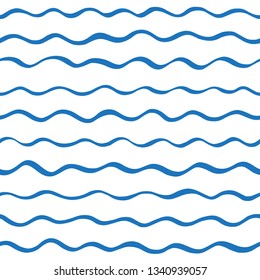 Navy blue sea, river waves, wavy winding parallel stripes seamless pattern. Hand brush drawn doodle style undulating streaks, lines, bars vector background. Striped abstract marine, naval texture