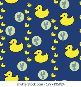 Navy Blue Seamless Background Rubber Ducky And Rain Drops