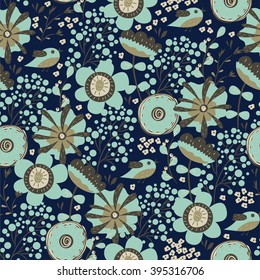 Navy blue seamless floral pattern. Vector illustration