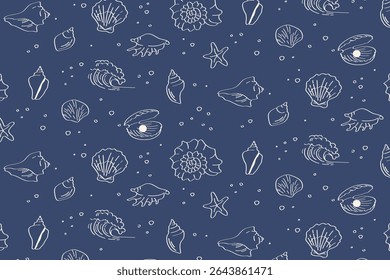 Navy blue seamless ocean pattern with hand-drawn seashells, starfish, flowers and waves marine repeat for textiles and packaging.