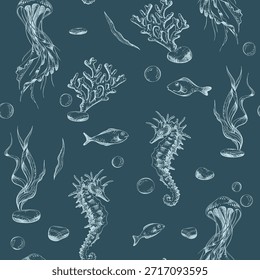 Patrón transparente azul marino con medusas, caballitos de mar, corales y peces. Ilustración de vida marina submarina dibujada a mano para fondos y Fondos de pantalla. Gráfico de contorno en un azul marino