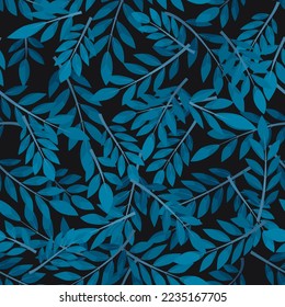 Navy blue seamless pattern leafs on black background