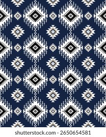 Patrón transparente azul marino en estilo tribal, bordado popular y nativo americano.
Impresión geométrica azteca del ornamento del arte. Diseño para la alfombra, cubierta. Fondo de pantalla, envoltura, tela, ropa.