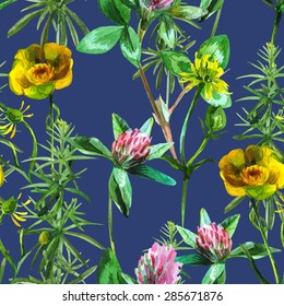 navy blue seamless pattern with watercolor hand drawn wildflowers