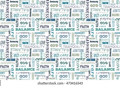 Navy blue seamless pattern with words: love, peace, balance, happiness, faith, God, belief, care, goodness, tranquility, harmony. Vector illustration. Transparent background.
