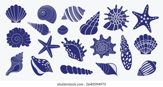 Navy blue seashell and starfish silhouettes on white background. Sea-themed collection of marine elements for summer crafts, packaging, branding, design projects, backgrounds, prints.
