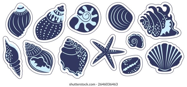 Navy blue seashell and starfish silhouettes on white background. Sea-themed collection of marine elements for summer crafts, packaging, branding, design projects, prints.