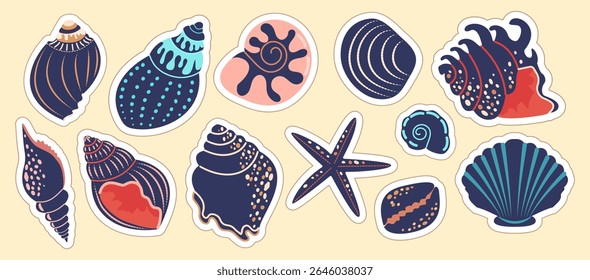 Conchas azuis e estrelas-do-mar da Marinha. Coleção de elementos náuticos em um tema náutico para produtos de verão, embalagem, marca, projetos de design, fundos, impressões.