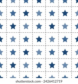 Navy blue shade in stitch line pattern with star inside. Argyle vector pattern. Argyle pattern. Seamless geometric pattern for clothing, wrapping paper, backdrop, background, gift card, sweater.