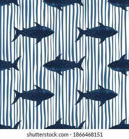 Navy blue shark ornament seamless doodle pattern. Ocean wild animal print with striped background. Decorative backdrop for fabric design, textile print, wrapping, cover. Vector illustration.