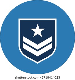 Navy blue shield with white star and chevron stripes on blue circle