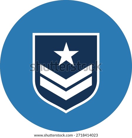 Navy blue shield with white star and chevron stripes on blue circle