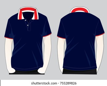 Navy blue short sleeve polo shirt with white-red design vector.Front and back view.