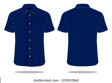 Navy Blue Short Sleeve Uniform Shirt Template Vector On White Background. Front And Back View.