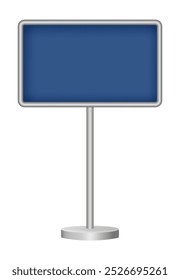 Navy blue signboard with metal pole isolated on a transparent background. Rectangular signpost. 3D metal roadside pointer. Blank billboard	