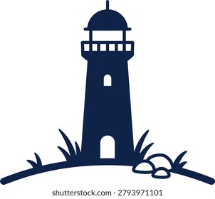 Navy blue silhouette of a lighthouse on a hill with rocks and grass, Symbolizing guidance and safety by the sea