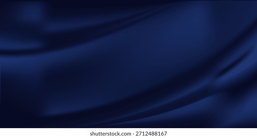 Satén de seda azul marino. Tejido sedoso brillante. Fondo de lujo oscuro con espacio para el diseño. Anuncio. Ancho. Largo. Panorámica. Plantilla. Vacío. Mesa plana, vista superior. Hermoso. Elegante. Cumpleaños, Navidades.

