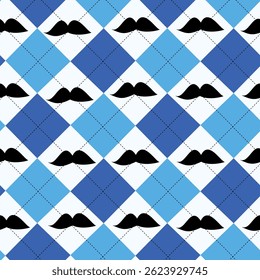Azul marinho e azul céu argyle padrão sem costura com bigode preto no fundo branco. Para o fundo do Dia dos Pais, tecidos, têxteis e vestuário masculino 