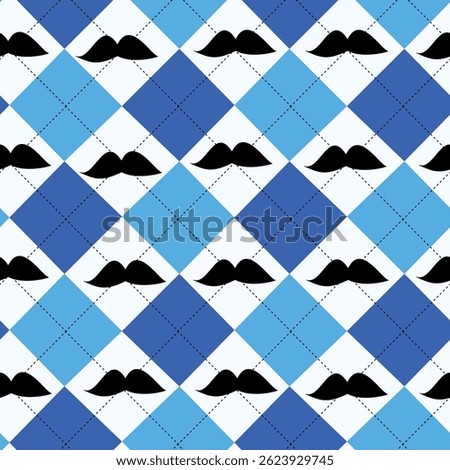 Navy blue and sky blue argyle seamless pattern with black mustache on white background. For Father’s Day background, fabric, textile and men’s clothing 