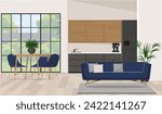Navy blue sofa in studio apartment. Scandinavian home interior design of modern living room and kitchen.
