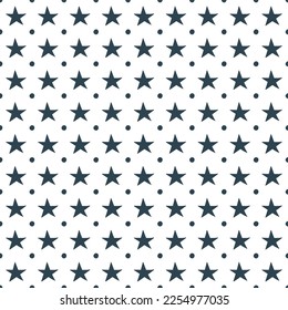 Navy blue stars and dots on white background. Modern Scandinavian style pattern is festive and cheerful. Monochromatic seamless vector ink design.
