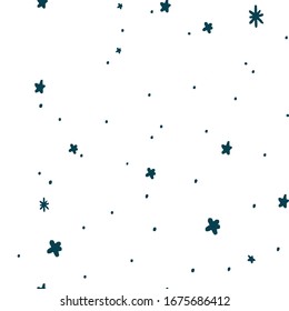 Navy  blue stars on white backdrop. Space seamless pattern for wrapping paper, wallpaper, sleepwear or bed linen, bath tile. Phone case or cloth print art. Hand drawn style stock vector illustration