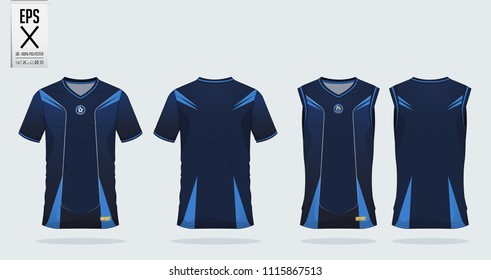 Navy Blue Stripe Pattern T-shirt Sport Design Template For Soccer Jersey, Football Kit And Tank Top For Basketball Jersey. Sport Uniform In Front And Back View. Tshirt Mock Up For Sport Club. Vector