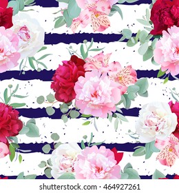 Navy blue striped floral seamless vector print with peony, alstroemeria lily, mint eucalyptus on white. Pink, white and burgundy red flowers. Dotted background.