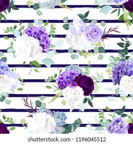 Navy blue striped seamless vector design pattern arranged from dark violet rose, purple and white hydrangea flower, rose, iris, carnation, seeded eucalyptus, greenery. Floral print.