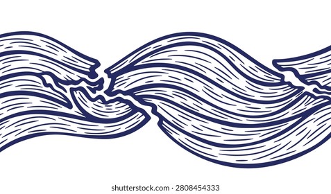 Navy blue stylized wave pattern with hand-drawn linocut texture on a white background, featuring organic flowing lines and curved shapes reminiscent of traditional Japanese woodblock art.