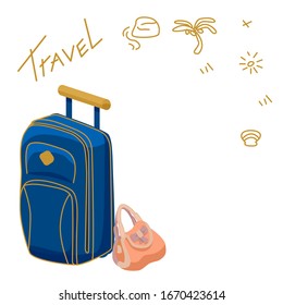 Navy blue suitcase on white isolated backdrop. Purse with copy space for sticker set, bag shop or travel agency logo, postcard. Phone case or cloth print art. Holiday design stock vector illustration