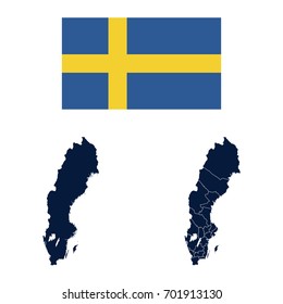 Navy Blue Sweden Map and Flag isolated on white background. Vector illustration eps 10.