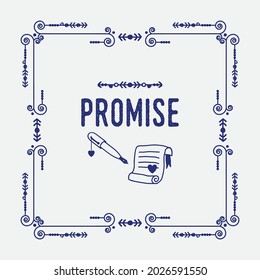 Navy blue swirl art deco square border frame pattern greeting card with word Promise, paper, ink pen and heart seal 