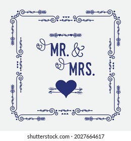 Navy blue swirl art deco square border frame pattern greeting card with words Mr. and Mrs. , cute heart and two arrows sign icons