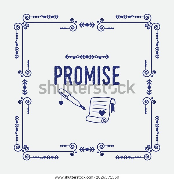 Navy blue\
swirl art deco square border frame pattern greeting card with word\
Promise, paper, ink pen and heart seal\
