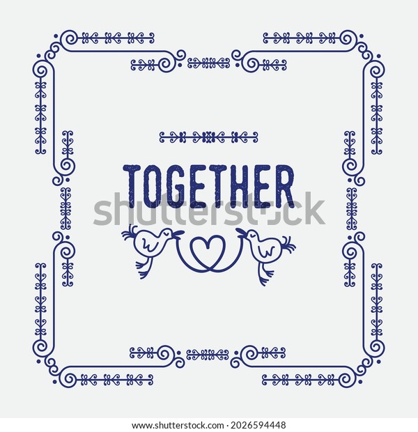 Navy blue swirl art deco square border frame\
pattern greeting card with word Together and two cute birds holding\
a heart sign banner