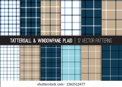 Navy, Blue, Taupe, Black and White Tattersall & Windowpane Plaid Vector Patterns. Men's Fashion Fabric. Father's Day Background. Small to Large Scale Check Textile Prints. Pattern Tile Swatches Incl.