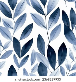 Navy Blue Teal Sapphire Indigo Leaf Fern Flower Garden Abstract Watercolor Scandinavian Design Seamless Pattern Wallpaper Curtain Bedding Background Vector