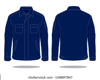 Navy Blue Technician Jacket With Multi Pockets And Pen Holder, Hidden Placket Zip Template On White Background.Front And Back View.