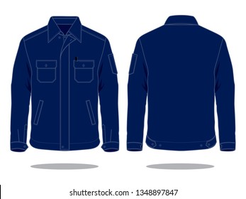 Navy Blue Technician Jacket Wwith Multi Pockets and Pen Holder, Hidden Placket Zip Template on White Background. Front and Back Views, Vector File.