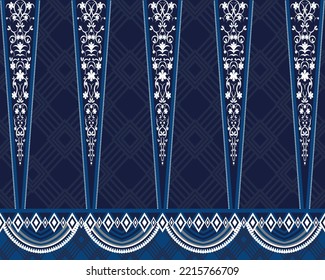 Navy Blue Tone Bohemian Ethnic Pattern Ikat Seamless Pattern Sarong Indian Indonesian Aztec African For Fabric Print Cloth Dress Carpet Curtains Rug Vintage Style Blue Background 